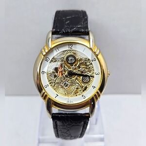 Mens Vintage John Weitz Faux Skeleton Watch Gold Tone Quartz New Battery